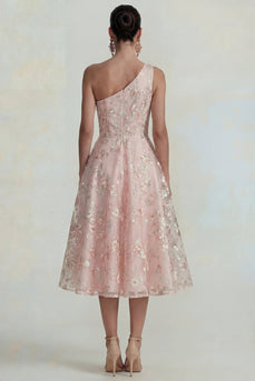 Glitzerndes Blumen Applikiertes Rosa Ein Schulter A-Linie Midi Kleid