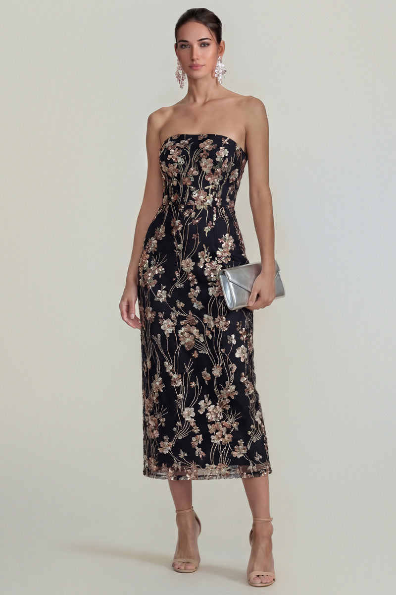 Laden Sie das Bild in den Galerie-Viewer, Glitzerndes Blumen Applikiertes Rosa Trägerloses Midi Kleid