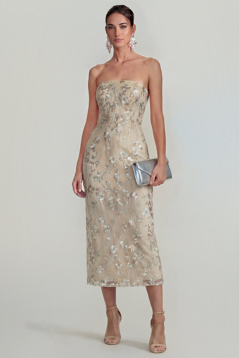 Laden Sie das Bild in den Galerie-Viewer, Glitzerndes Blumen Applikiertes Rosa Trägerloses Midi Kleid