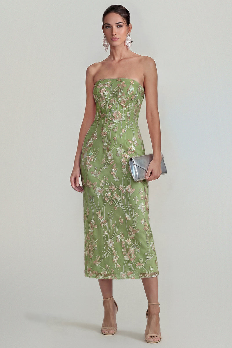 Laden Sie das Bild in den Galerie-Viewer, Glitzerndes Blumen Applikiertes Rosa Trägerloses Midi Kleid