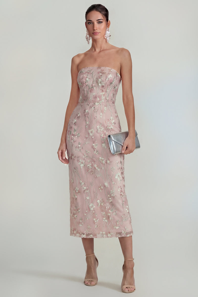Laden Sie das Bild in den Galerie-Viewer, Glitzerndes Blumen Applikiertes Rosa Trägerloses Midi Kleid