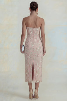 Glitzerndes Blumen Applikiertes Rosa Trägerloses Midi Kleid