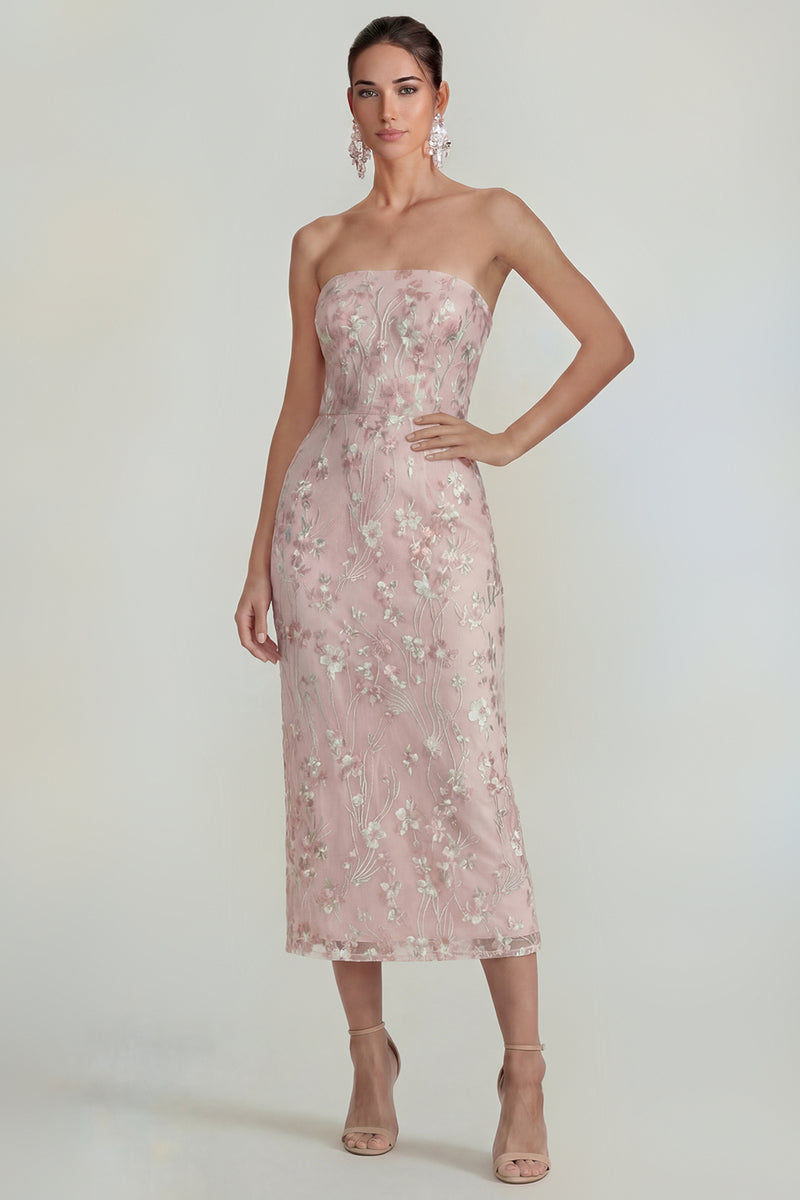 Laden Sie das Bild in den Galerie-Viewer, Glitzerndes Blumen Applikiertes Rosa Trägerloses Midi Kleid