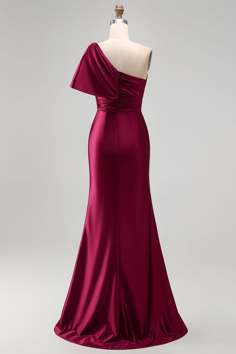Laden Sie das Bild in den Galerie-Viewer, Ein Schulter-Burgunderrot gerafftes Satin-Meerjungfrauen-Maxi-Maxi-Kleidungsstück mit Seitenschlitz