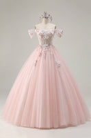 Laden Sie das Bild in den Galerie-Viewer, Off-the-shoulder Rosa Appliquiertes Ballkleid Quinceanera Kleid