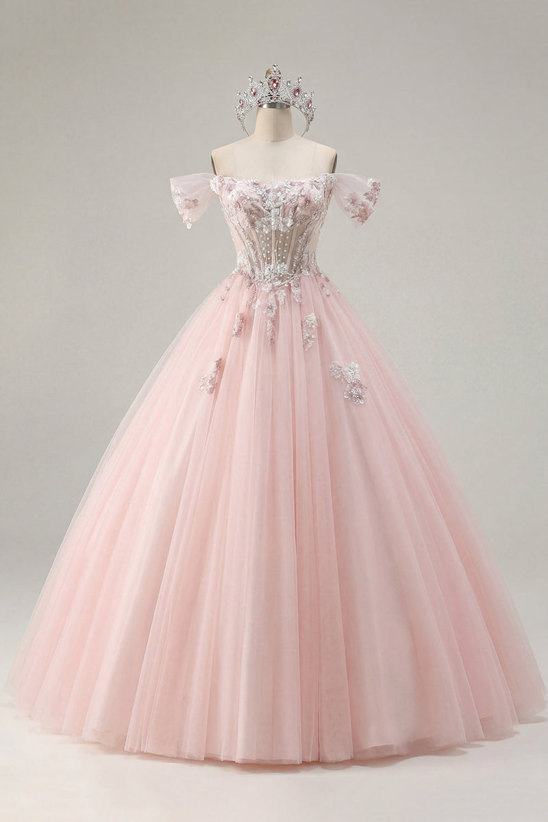 Laden Sie das Bild in den Galerie-Viewer, Off-the-shoulder Rosa Appliquiertes Ballkleid Quinceanera Kleid