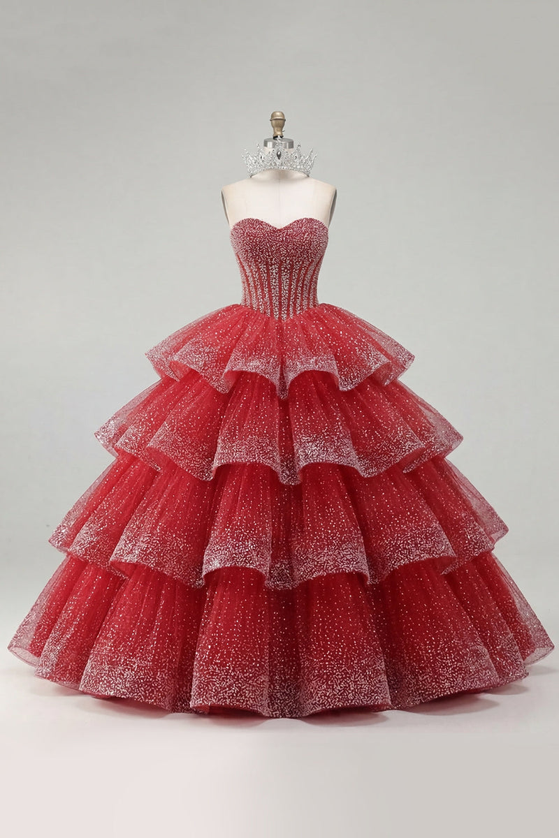 Laden Sie das Bild in den Galerie-Viewer, Gestuftes Ballkleid Trägerloses Rotes Perlenbesetztes Quinceanera-Kleid