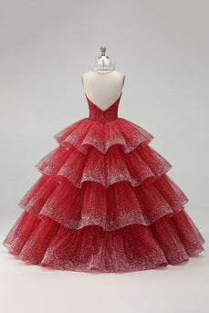 Gestuftes Ballkleid Trägerloses Rotes Perlenbesetztes Quinceanera-Kleid