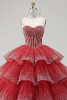 Laden Sie das Bild in den Galerie-Viewer, Gestuftes Ballkleid Trägerloses Rotes Perlenbesetztes Quinceanera-Kleid