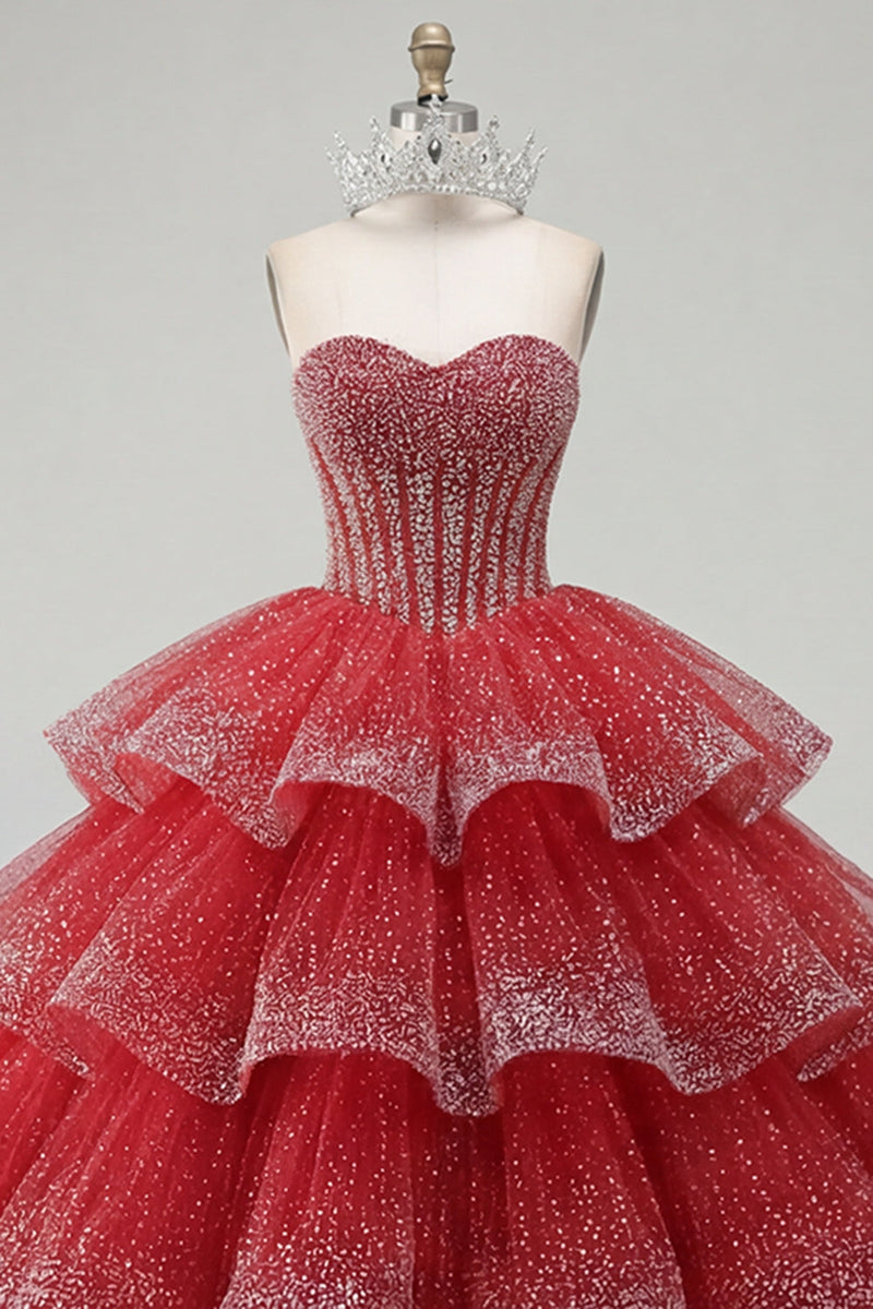Laden Sie das Bild in den Galerie-Viewer, Gestuftes Ballkleid Trägerloses Rotes Perlenbesetztes Quinceanera-Kleid