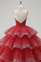Laden Sie das Bild in den Galerie-Viewer, Gestuftes Ballkleid Trägerloses Rotes Perlenbesetztes Quinceanera-Kleid