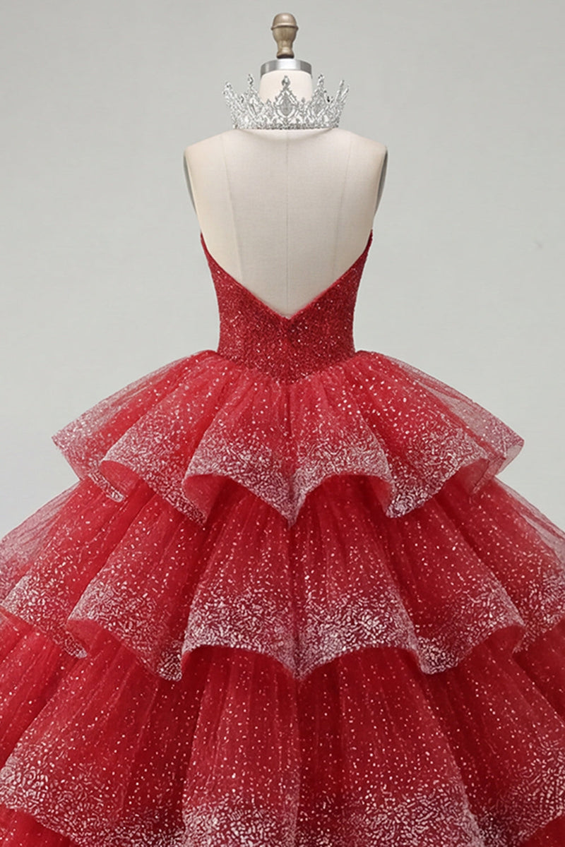 Laden Sie das Bild in den Galerie-Viewer, Gestuftes Ballkleid Trägerloses Rotes Perlenbesetztes Quinceanera-Kleid