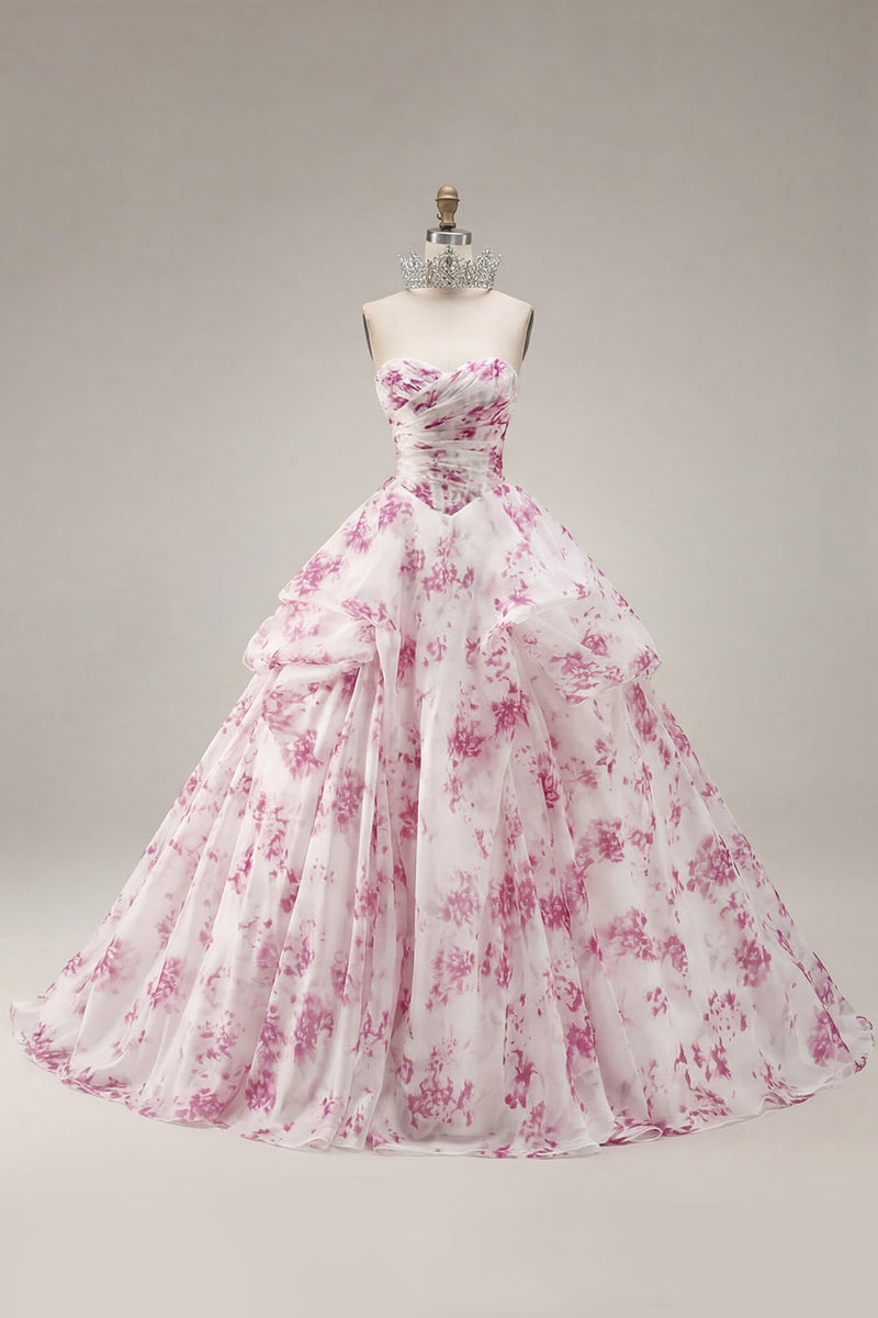 Laden Sie das Bild in den Galerie-Viewer, Ballkleid Trägerloses Weißes Fuchsia Blumen Quinceanera-Kleid