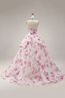 Laden Sie das Bild in den Galerie-Viewer, Ballkleid Trägerloses Weißes Fuchsia Blumen Quinceanera-Kleid