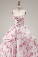 Laden Sie das Bild in den Galerie-Viewer, Ballkleid Trägerloses Weißes Fuchsia Blumen Quinceanera-Kleid