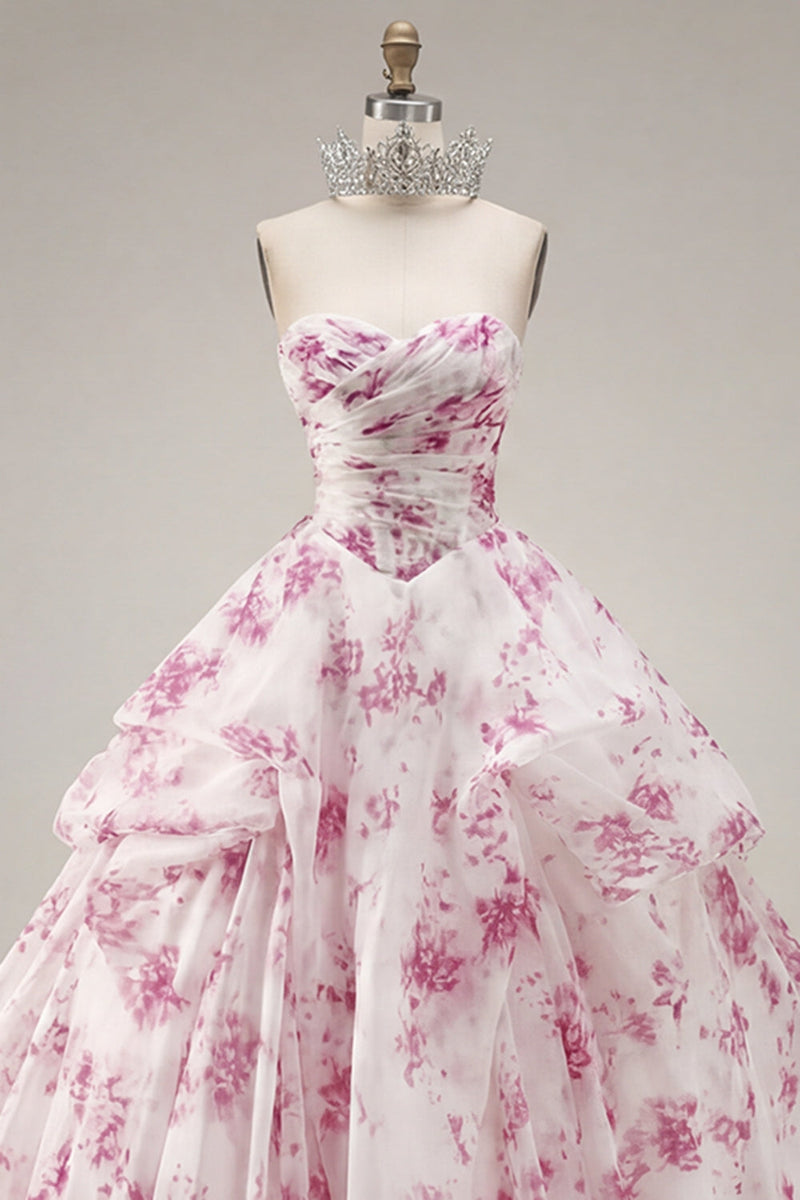 Laden Sie das Bild in den Galerie-Viewer, Ballkleid Trägerloses Weißes Fuchsia Blumen Quinceanera-Kleid