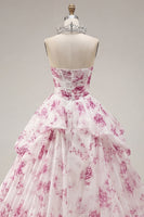 Laden Sie das Bild in den Galerie-Viewer, Ballkleid Trägerloses Weißes Fuchsia Blumen Quinceanera-Kleid