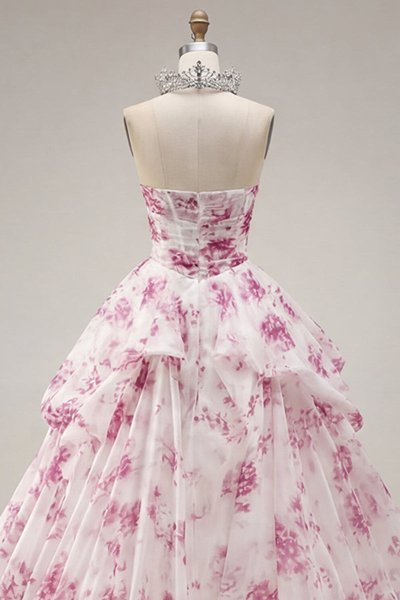 Laden Sie das Bild in den Galerie-Viewer, Ballkleid Trägerloses Weißes Fuchsia Blumen Quinceanera-Kleid