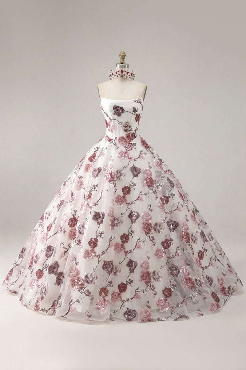 Laden Sie das Bild in den Galerie-Viewer, Trägerloses Korsett Weißrotes Geblümte Quinceanera-Kleid