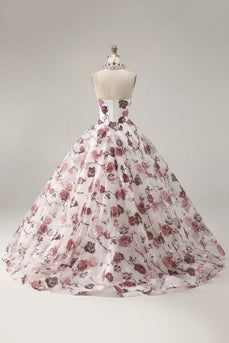 Trägerloses Korsett Weißrotes Geblümte Quinceanera-Kleid