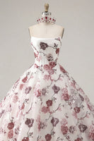 Laden Sie das Bild in den Galerie-Viewer, Trägerloses Korsett Weißrotes Geblümte Quinceanera-Kleid