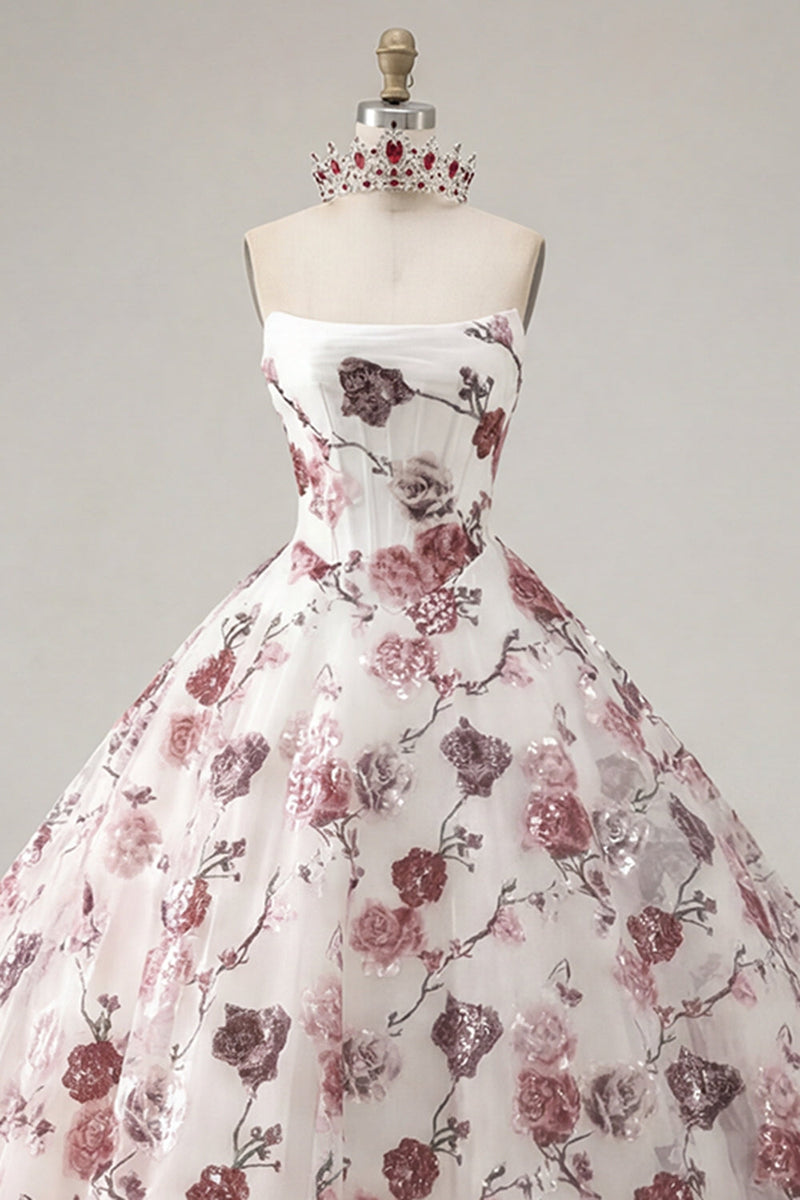 Laden Sie das Bild in den Galerie-Viewer, Trägerloses Korsett Weißrotes Geblümte Quinceanera-Kleid