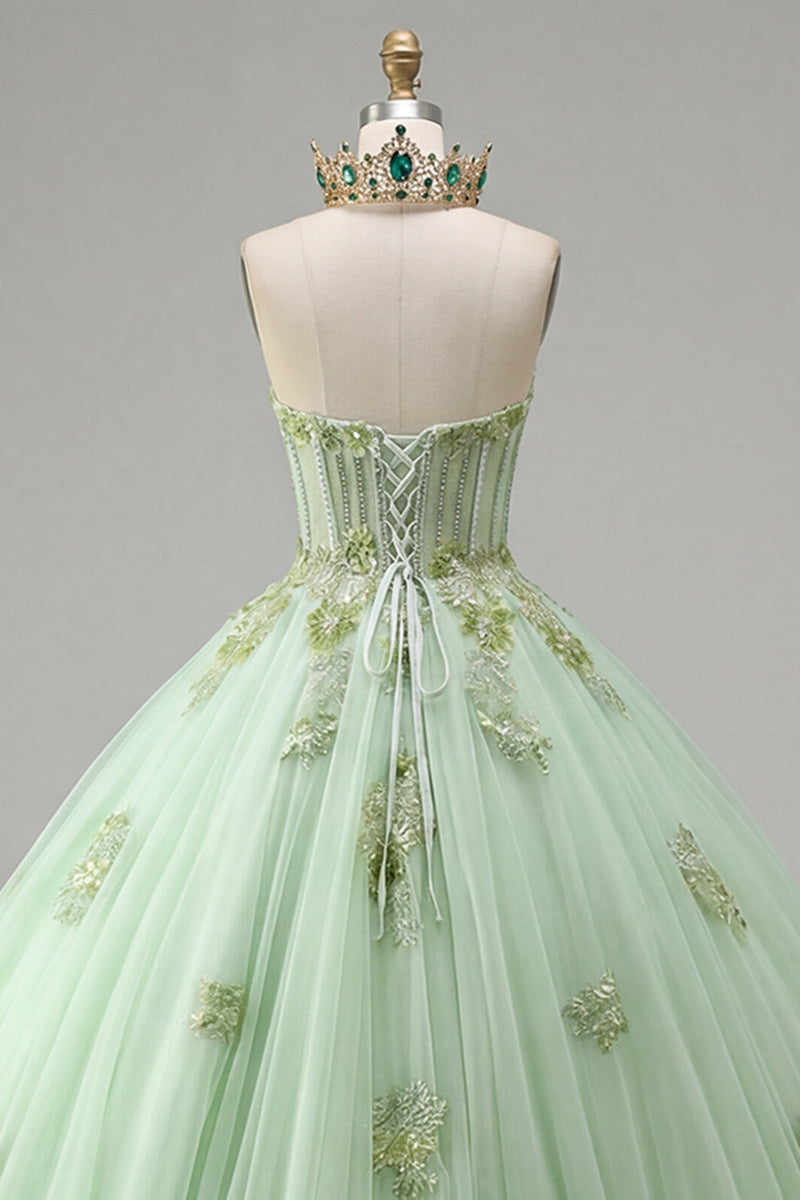 Laden Sie das Bild in den Galerie-Viewer, Grünes Trägerloses Korsett Appliquiertes Quinceanera Kleid