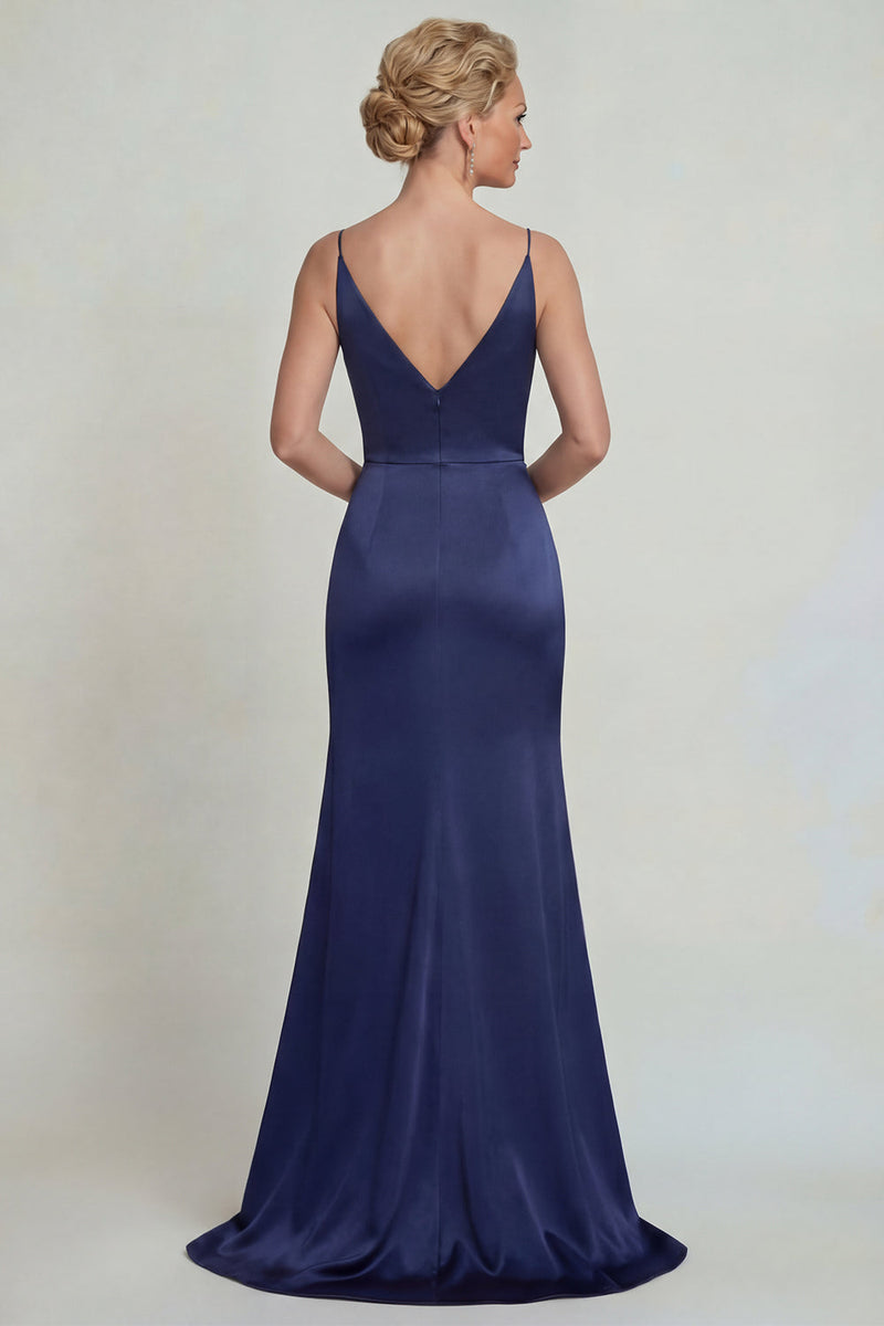 Laden Sie das Bild in den Galerie-Viewer, Marineblaues Satin Spaghettiträger Applikiertes Mutter der Braut Kleid mit Schlitz