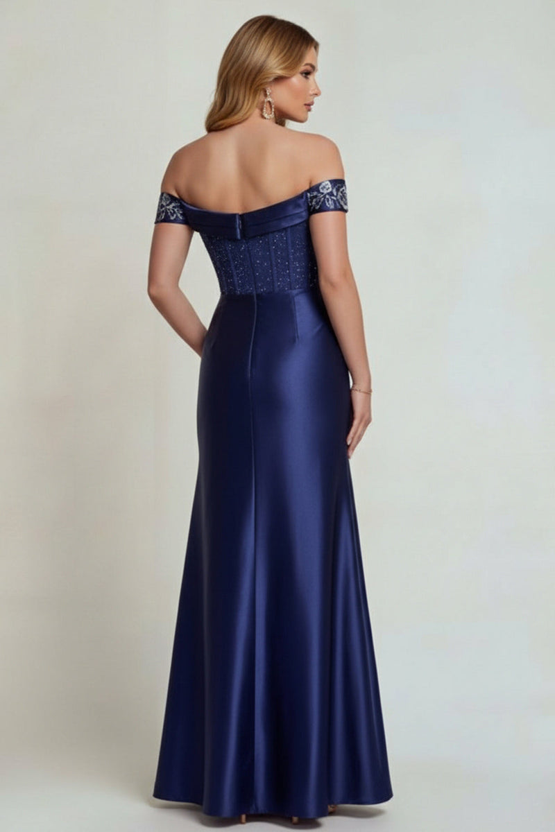 Laden Sie das Bild in den Galerie-Viewer, Marineblaues Schulterloses Satin Mutter der Braut Kleid mit Schlitz