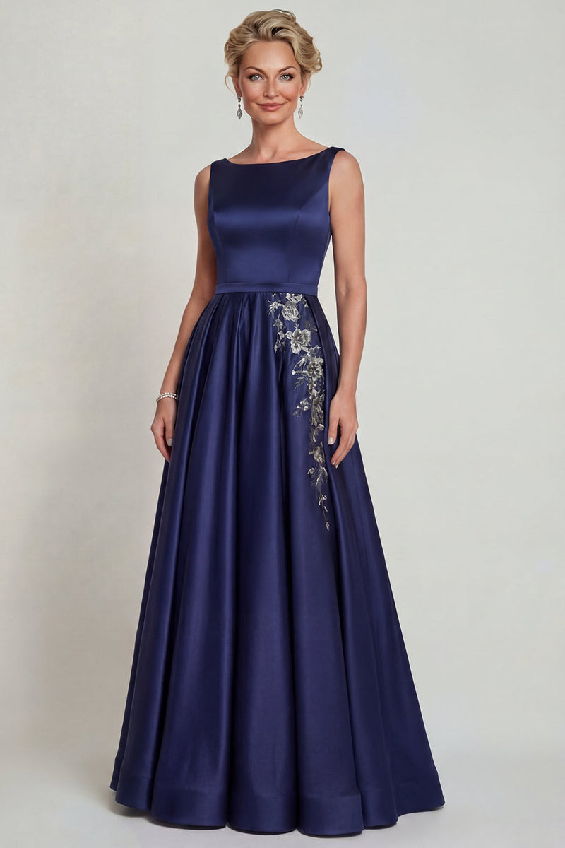 Laden Sie das Bild in den Galerie-Viewer, Marineblaues Bootsausschnitt A-Linie Satin Mutter der Braut Kleid mit Applikationen