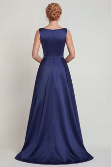 Marineblaues Bootsausschnitt A-Linie Satin Mutter der Braut Kleid mit Applikationen