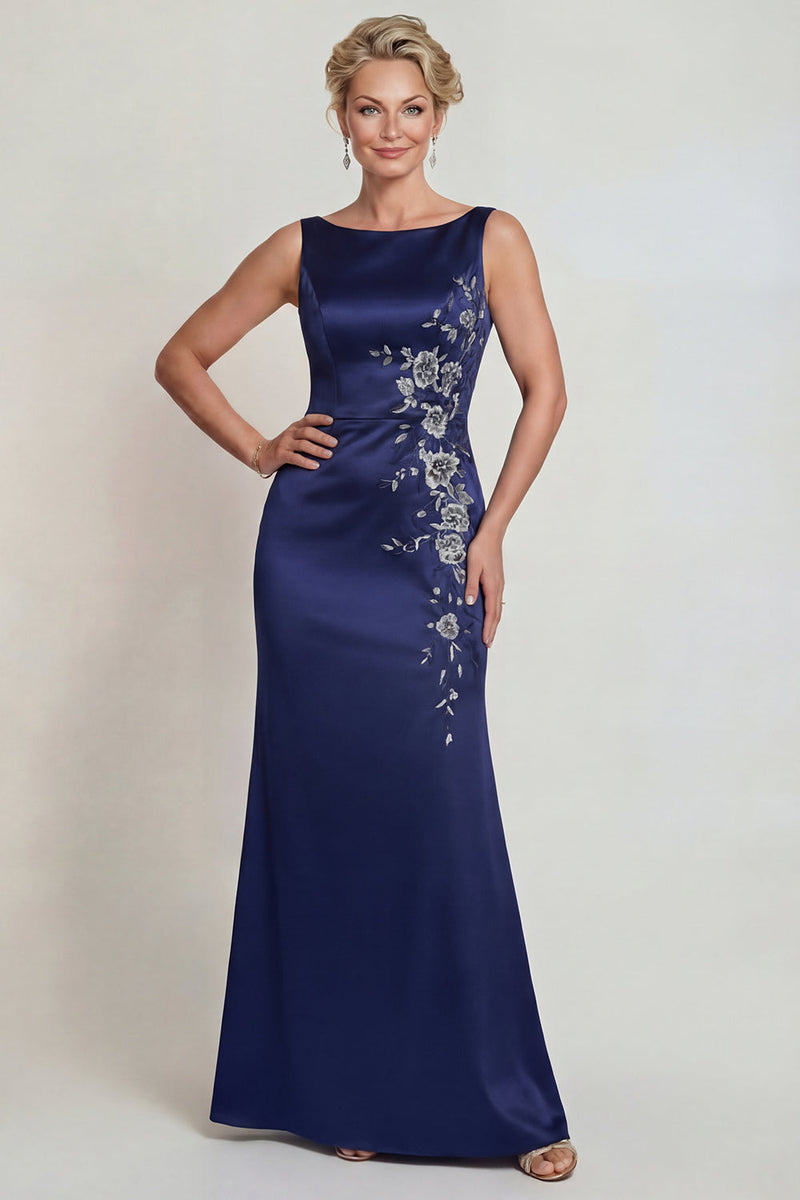 Laden Sie das Bild in den Galerie-Viewer, Marineblaues U-Boot-Ausschnitt Satin Langes Meerjungfrau Mutter der Braut Kleid mit Applikationen