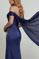 Laden Sie das Bild in den Galerie-Viewer, Marineblaues Schulterloses Korsett Meerjungfrauen Mutter der Braut Kleid mit Schlitz