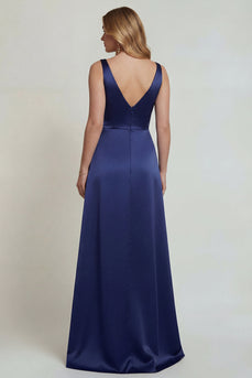 Marineblaues V-Ausschnitt A-Linie Satin Mutter der Braut Kleid mit Schlitz