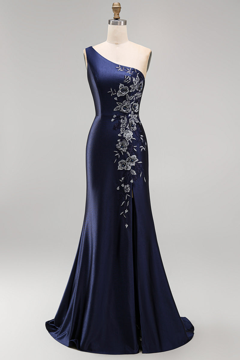 Laden Sie das Bild in den Galerie-Viewer, Marineblaues Einschulter Applikiertes Meerjungfrauen Satin Brautmutter Kleid mit Schlitz
