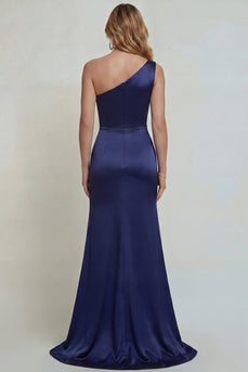 Marineblaues Einschulter Applikiertes Meerjungfrauen Satin Brautmutter Kleid mit Schlitz