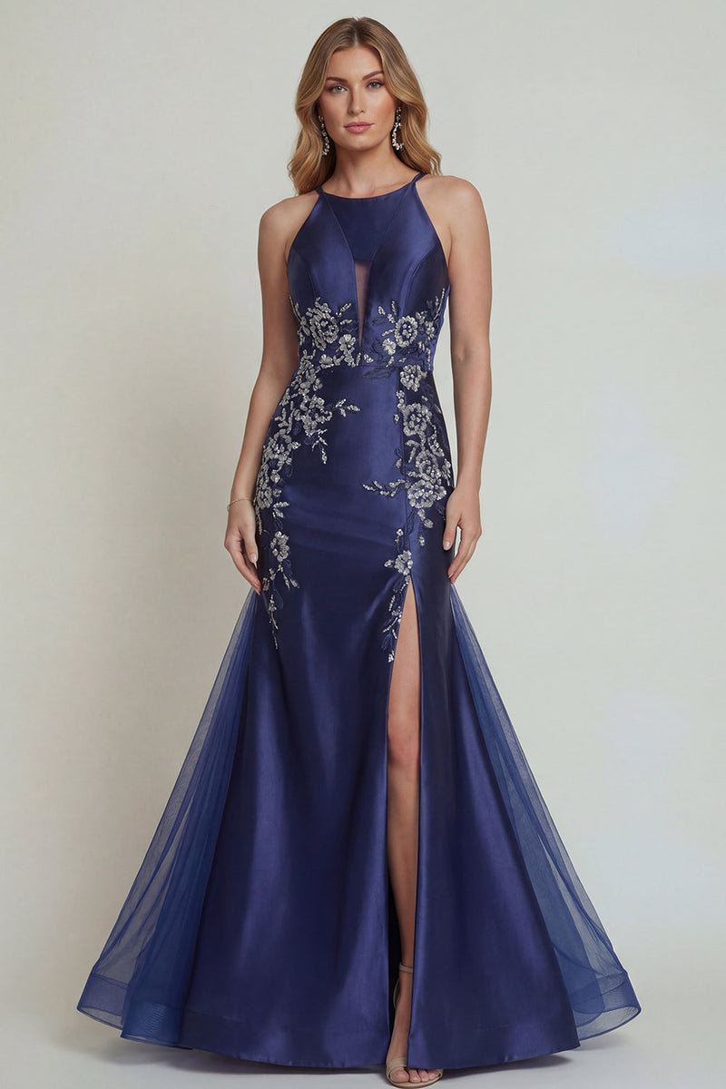 Laden Sie das Bild in den Galerie-Viewer, Marineblaues Applikiertes Neckholder Meerjungfrauen Satin Mutter der Braut Kleid mit Schlitz