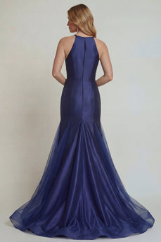 Marineblaues Applikiertes Neckholder Meerjungfrauen Satin Mutter der Braut Kleid mit Schlitz