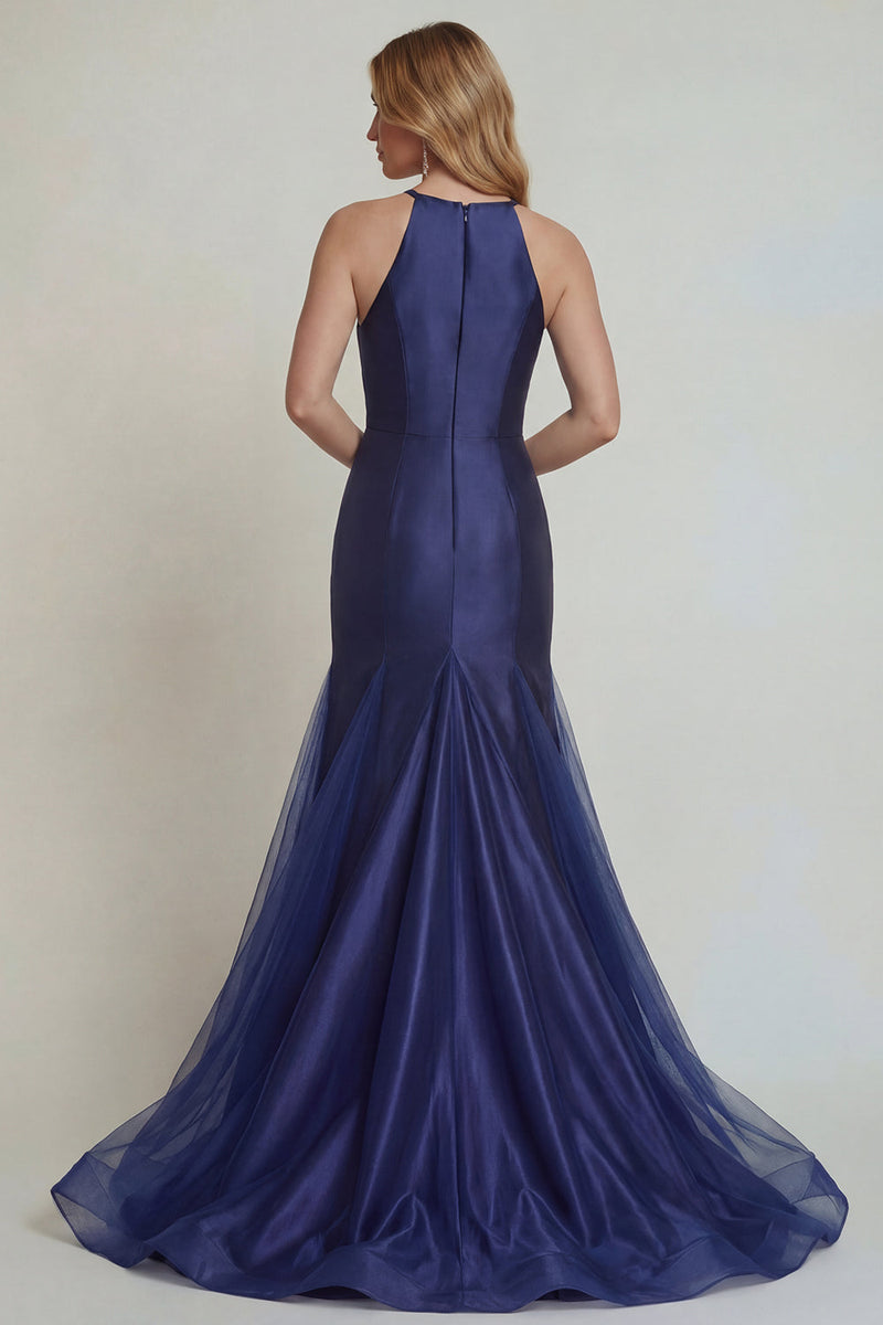Laden Sie das Bild in den Galerie-Viewer, Marineblaues Applikiertes Neckholder Meerjungfrauen Satin Mutter der Braut Kleid mit Schlitz