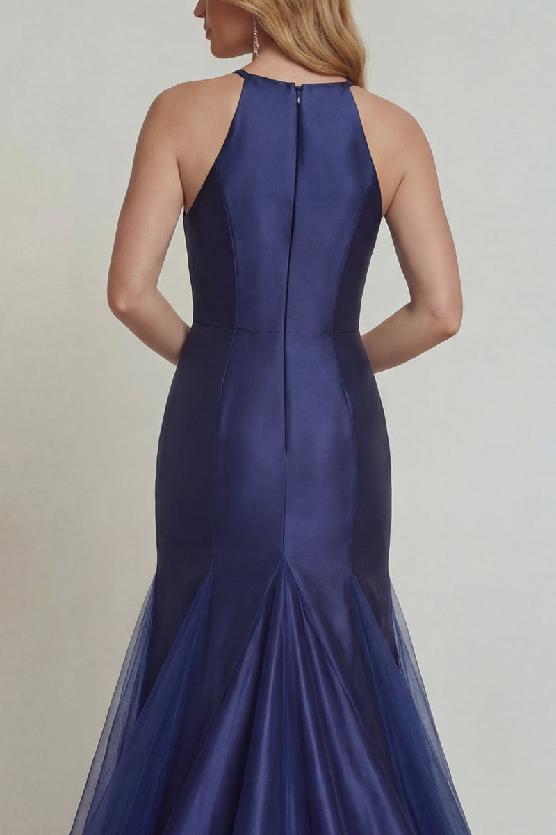 Laden Sie das Bild in den Galerie-Viewer, Marineblaues Applikiertes Neckholder Meerjungfrauen Satin Mutter der Braut Kleid mit Schlitz