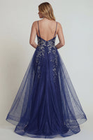 Laden Sie das Bild in den Galerie-Viewer, Marineblaues Spaghettiträger Hülle Satin Mutter der Braut Kleid mit Schlitz