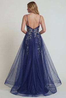 Marineblaues Spaghettiträger Hülle Satin Mutter der Braut Kleid mit Schlitz