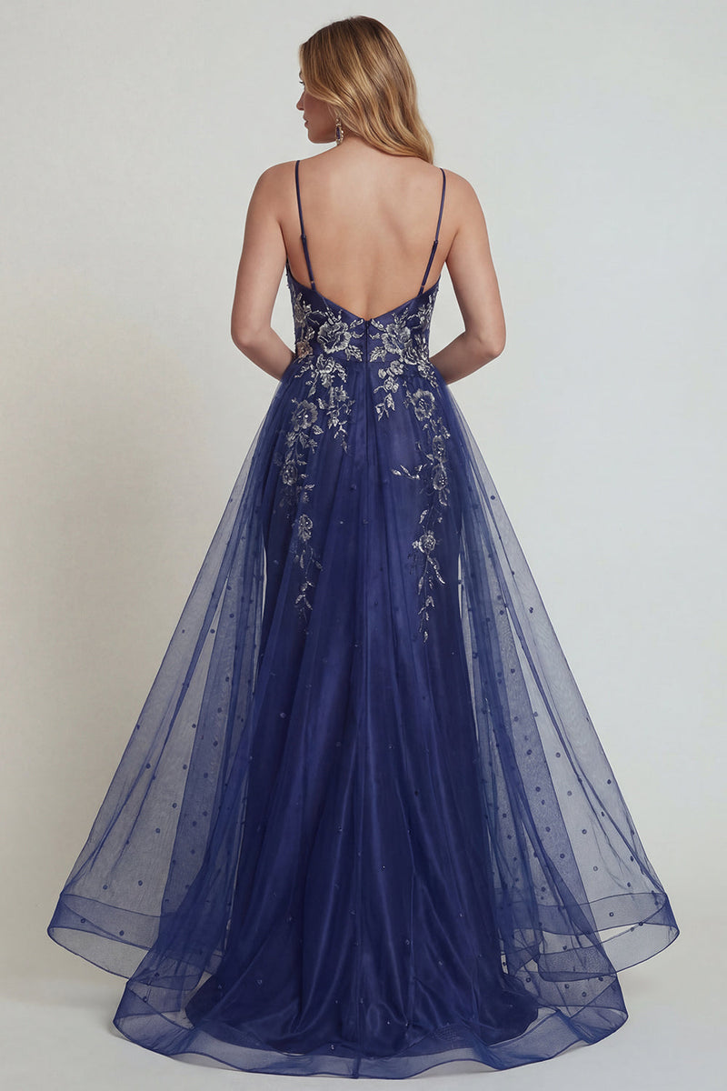 Laden Sie das Bild in den Galerie-Viewer, Marineblaues Spaghettiträger Hülle Satin Mutter der Braut Kleid mit Schlitz