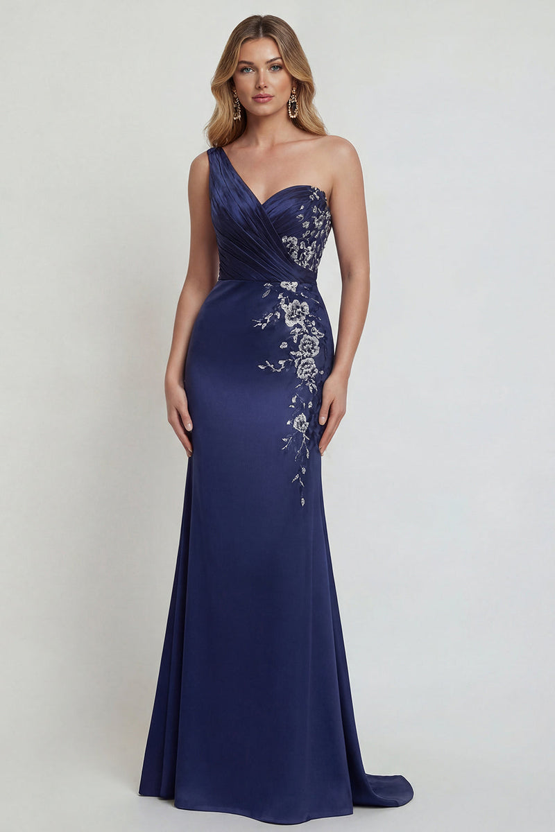 Laden Sie das Bild in den Galerie-Viewer, Marineblaues Einschulter Meerjungfrauen Satin Mutter der Braut Kleid mit Applikationen