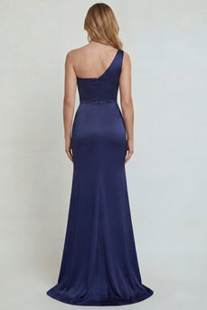 Marineblaues Einschulter Meerjungfrauen Satin Mutter der Braut Kleid mit Applikationen