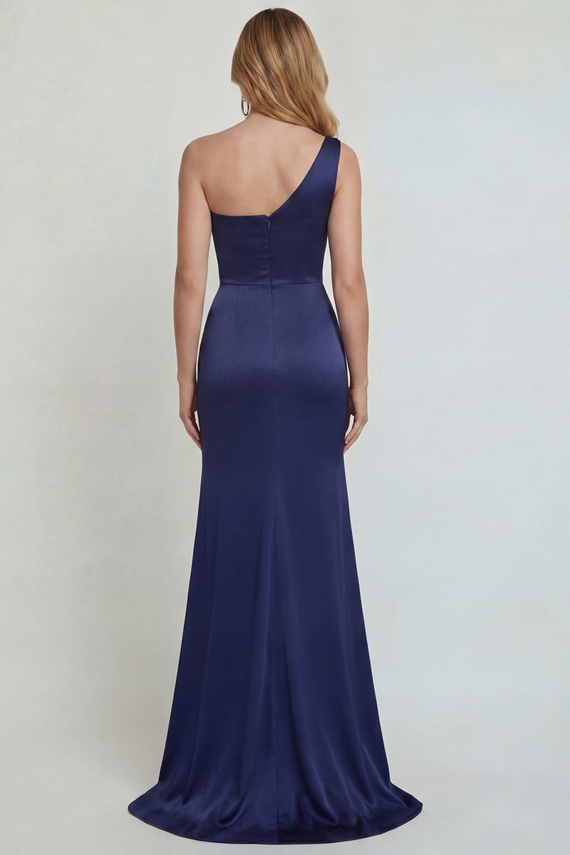 Laden Sie das Bild in den Galerie-Viewer, Marineblaues Einschulter Meerjungfrauen Satin Mutter der Braut Kleid mit Applikationen