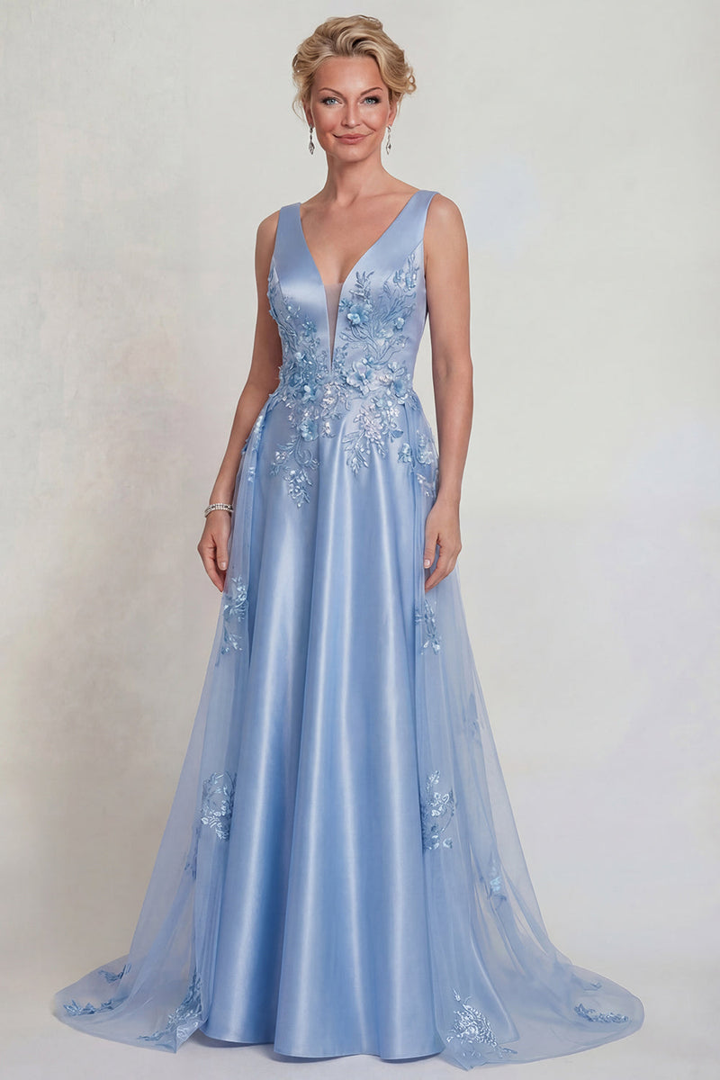 Laden Sie das Bild in den Galerie-Viewer, Blaue Blumen Applikation V-Ausschnitt Satin A-Linie Mutter der Braut Kleid