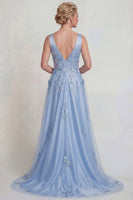 Laden Sie das Bild in den Galerie-Viewer, Blaue Blumen Applikation V-Ausschnitt Satin A-Linie Mutter der Braut Kleid