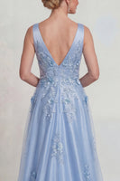Laden Sie das Bild in den Galerie-Viewer, Blaue Blumen Applikation V-Ausschnitt Satin A-Linie Mutter der Braut Kleid