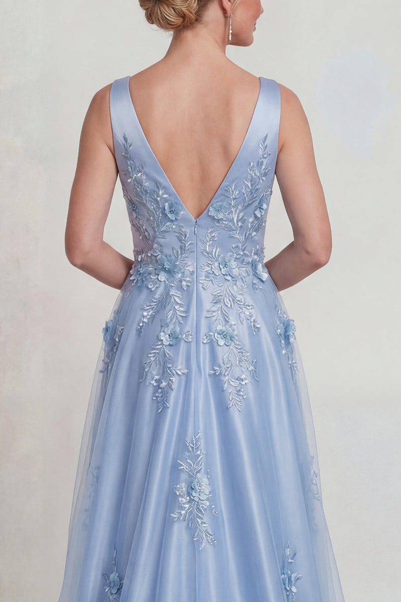 Laden Sie das Bild in den Galerie-Viewer, Blaue Blumen Applikation V-Ausschnitt Satin A-Linie Mutter der Braut Kleid